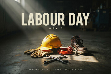 Labour Day May 1 celebration banner, industrial worker safety equipment on workshop floor, yellow hard hat and tools for International Workers Day