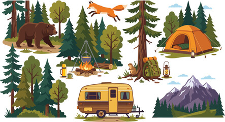 Camping and forest adventure set with flat vector illustrations of camper trailer tent bonfire mountain landscape and wild animals isolated on white background, © MdSaddam