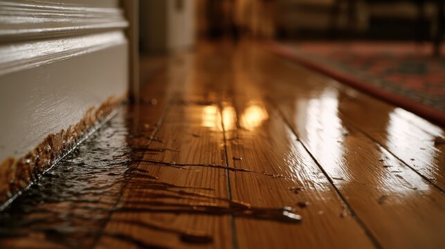 A close-up of a wooden floor with water damage and warping near a baseboard inside a home.