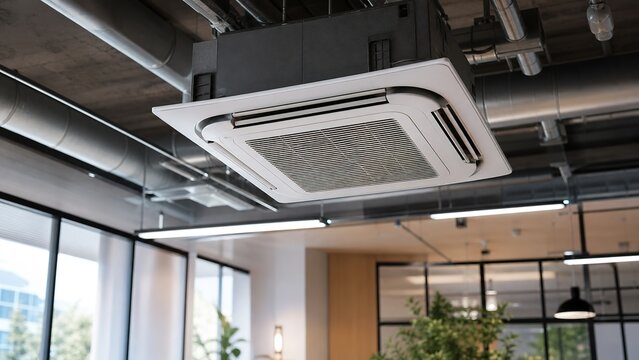 Sleek ceiling air conditioning system in a stylish office filled with natural light and a minimalist aesthetic promoting comfort and productivity in a modern workspace