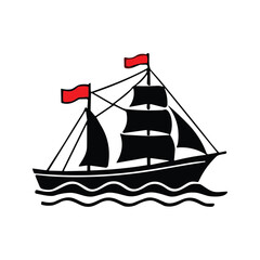 Minimalist Classic Sailing Ships with Indonesian Flags Black Vector Icon © Siti