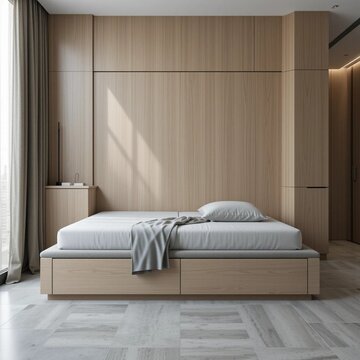 Sleek micro-flat wide photography showcasing a fold-down bed and a multi-functional storage bench, light gray concrete floors, blonde oak veneer, woven linen textiles, sheer mesh curtain fabric
