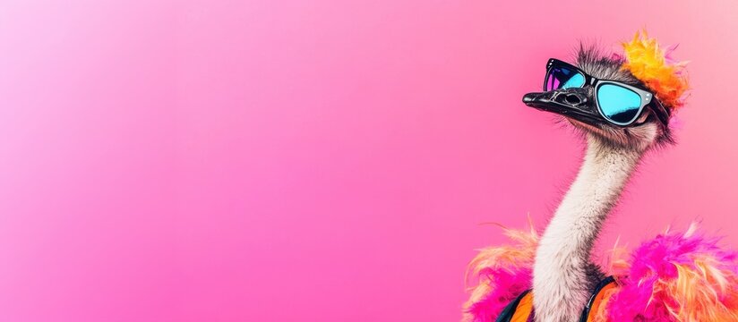 A colorful ostrich wearing sunglasses and a vibrant feather boa against a pink background. The scene is playful and whimsical, showcasing the bird's unique personality.