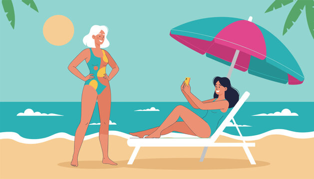 Relaxing summer scene with a woman sunbathing on a deck chair under a striped umbrella while another stands nearby.