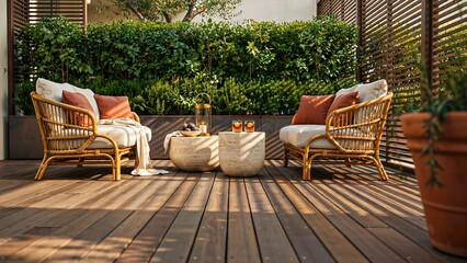 Fototapeta premium Modern outdoor patio with comfortable wicker furniture and cozy fire pit