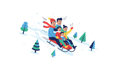 Fototapeta premium Happy cartoon family of four having fun sledding down a beautiful snowy winter hill surrounded by colorful pine trees.
