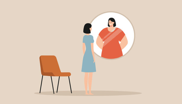Conceptual vector illustration of a slim woman looking in the mirror and seeing herself as overweight or plus-size.