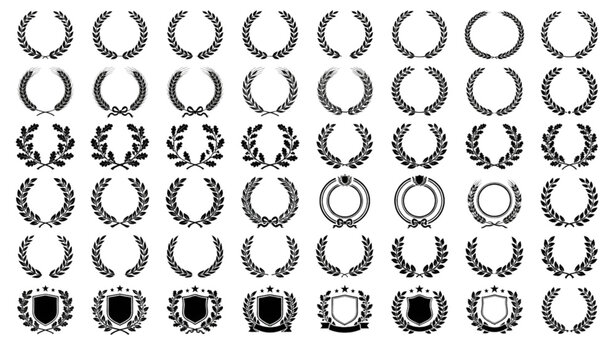 Collection of Black and White Laurel Wheat and Oak Wreath Silhouettes for Awards and Heraldic Design Vector Illustration