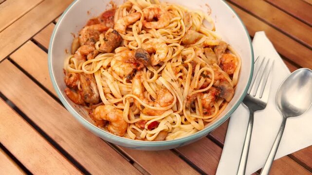 Closeup moving shot of a bowl of linguine pasta in sauce, with fried king prawns and mushrooms, on a table, with fork, spoon and paper napkin, ready to eat.