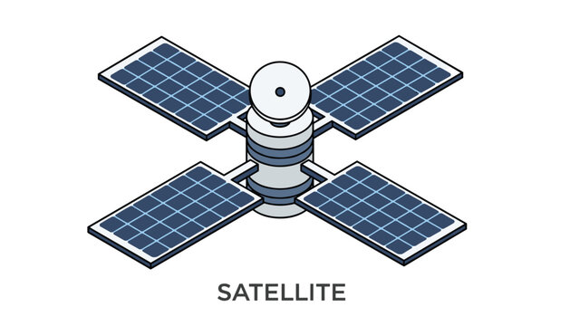 Isometric vector icon of a space communication satellite with four extended solar panel arrays over white background.