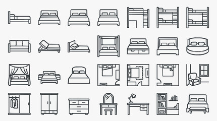 Professional Black and White Line Drawing Icons Set of Various Beds Furniture and Room Layouts for Design Projects © Sika