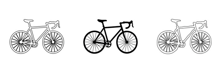Fototapeta premium Three bicycle icons in different styles: outline, solid, and hand-drawn
