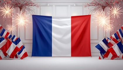 Large french national flag with bright festive fireworks and smaller tricolor flags against a white wall for a patriotic celebration bastille day national pride national tricolor historic