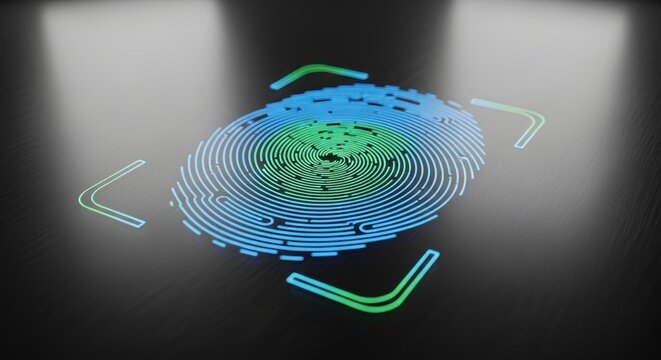 Close up view of futuristic digital fingerprint scanner interface for biometric access.