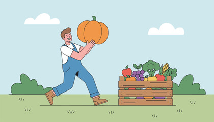 Naklejka premium Happy professional farmer holding a giant pumpkin and carrying it to a wooden crate full of freshly harvested vegetables.