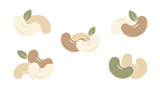 Minimal cashew nuts vector illustrations depicting healthy organic snacks with green leaves on a white background.