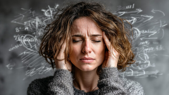 A woman closes her eyes and presses her temples in visible distress, surrounded by chalk-drawn equations and arrows suggesting racing thoughts, mental overload and stress.