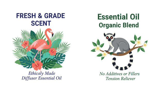 Essential oil product labels featuring a pink flamingo and a lemur among tropical plants and organic details.