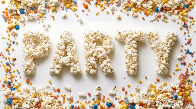 Words made of popcorn and candy shapes create a party theme