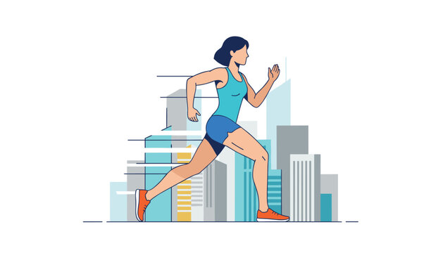 Active young woman jogging in front of a modern abstract city skyline representing healthy urban lifestyles.