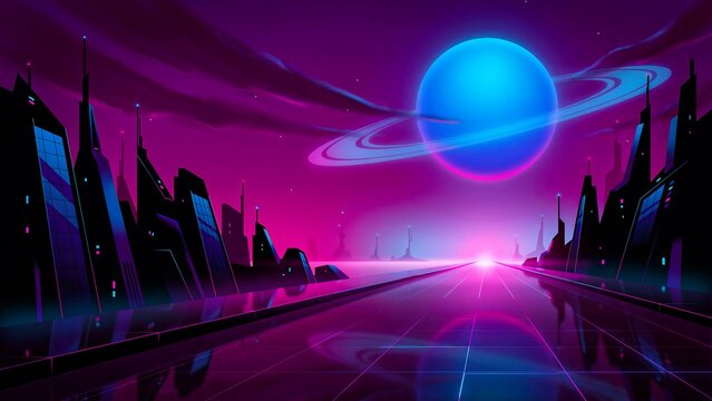 Futuristic neon cityscape with glowing planet and retro sci fi landscape