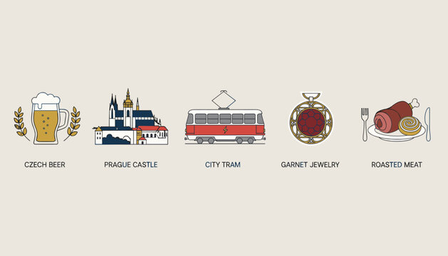 Prague tourism infographic icons presenting Czech beer, castle, city tram, garnet jewelry, and roasted meat.