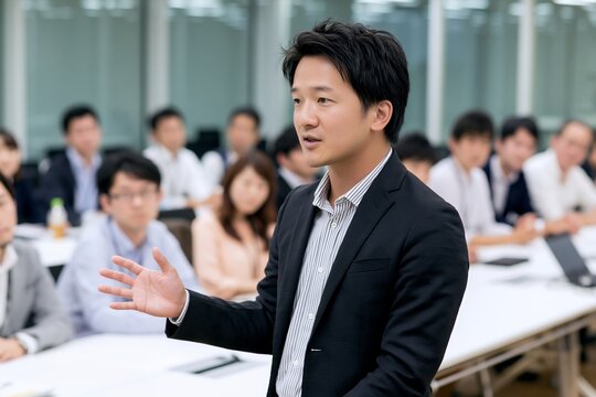 ビジネス会議で参加者へ熱意を込めて説明する日本人男性