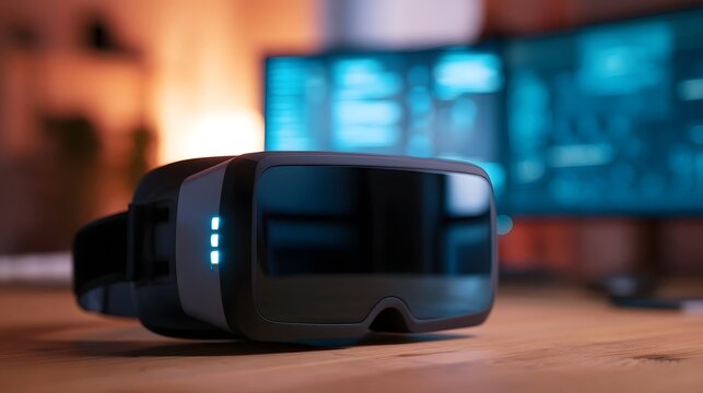 A futuristic virtual reality visor rests within a digital workspace surrounded by glowing blue data streams and warm ambient light