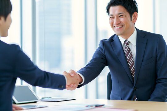ビジネスで笑顔の男性が握手する信頼と新しい関係の始まり