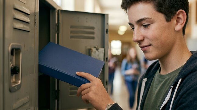 Teenager organizing textbooks in school locker close up