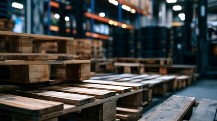Fototapeta premium Organized stacks of wooden pallets within a modern warehouse symbolizing the efficiency and structure of global supply chain commerce