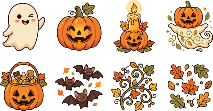 A collection of cute hand drawn halloween stickers featuring ghosts pumpkins jack o lanterns bats candles and autumn leaves on white background