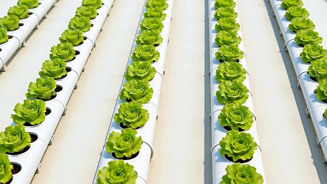 Rows of lettuce growing in hydroponic system