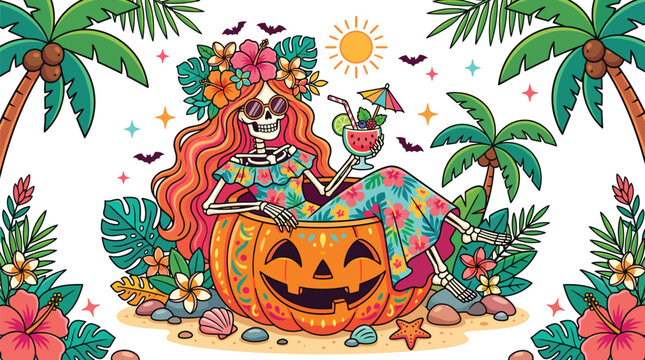 A festive skeleton woman with long red hair wearing a floral crown sits inside a large carved pumpkin drinking a tropical cocktail