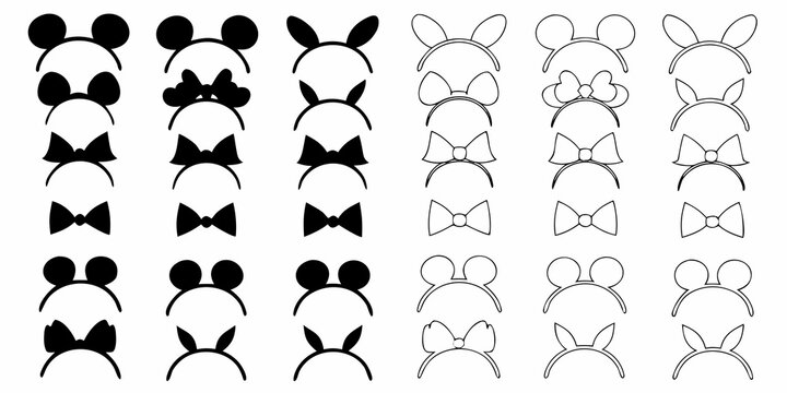 Headband Silhouettes And Line Icons On White Background