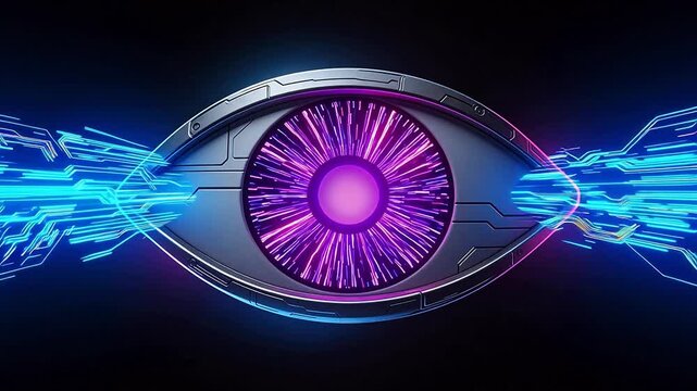 Futuristic eye with glowing circuits