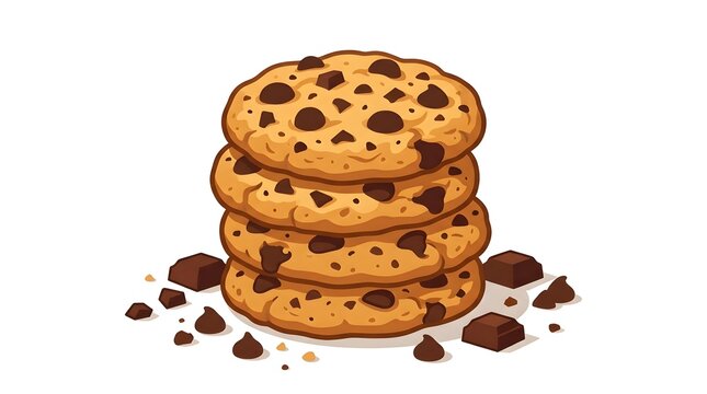 A delicious stack of freshly baked chocolate chip cookies surrounded by scattered chocolate pieces and chunks on a white background