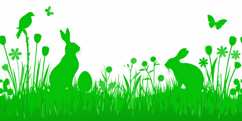 Green Silhouette Banner Featuring Rabbits Flowers And A Bird © Poly