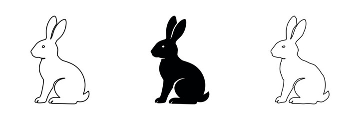 Fototapeta premium Three stylized rabbits in outline and solid black silhouette styles