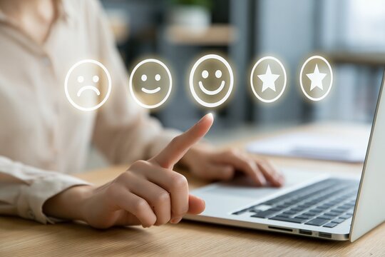 顧客満足度評価をノートパソコンでタップする手ビジネス