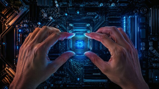 Human hands carefully install a high performance central processing unit into a glowing dark motherboard socket