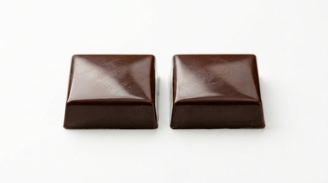 Chocolate candies static display, in neutral white background, with two chocolate candies, with chocolate texture, from a frontal view perspective, with brown, white accents.