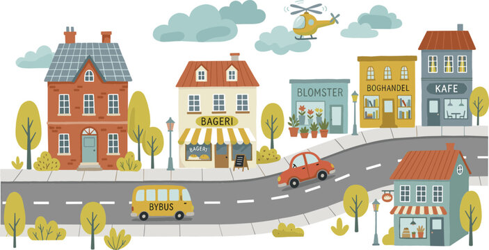 Cute vector cartoon illustration of Scandinavian small town street cityscape with buildings shops transport isolated on white