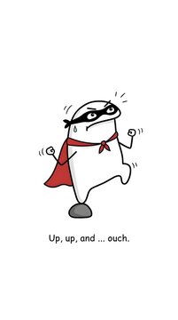 funny cartoon superhero, white egg character, red cape, comic humor