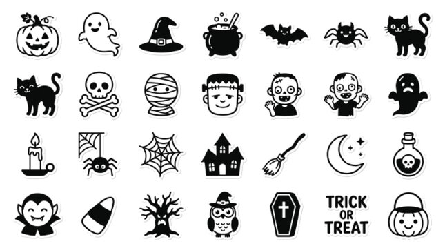 Halloween symbols icon set, 25 unique elements including full moon, haunted castle, jack-o'-lantern, broomstick, witch boots, coffin, skeleton hand, black candle, bat wings and ghost, premium vector 