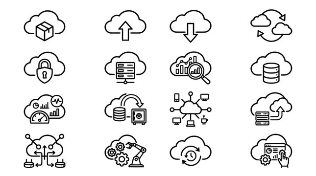 Collection of cloud computing and data storage line icons for network infrastructure design.