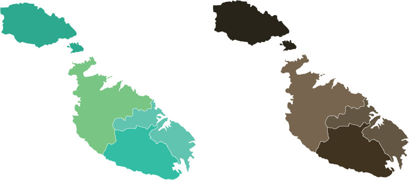 Green and brown Malta country map silhouette illustration with regional borders and divisions