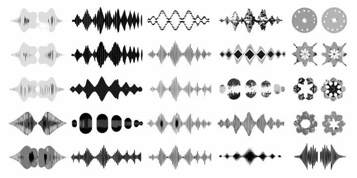 Audio Waveform Variations Gray Vector Illustrations On White Background