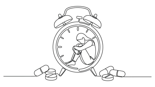Continuous line art of a sad woman trapped inside a clock with pills