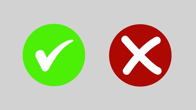Animated pop-up green check mark and red cross X symbol on a transparent background. A checkmark in and out motion graphics animation. Video footage of yes or no, true or false with alpha channel